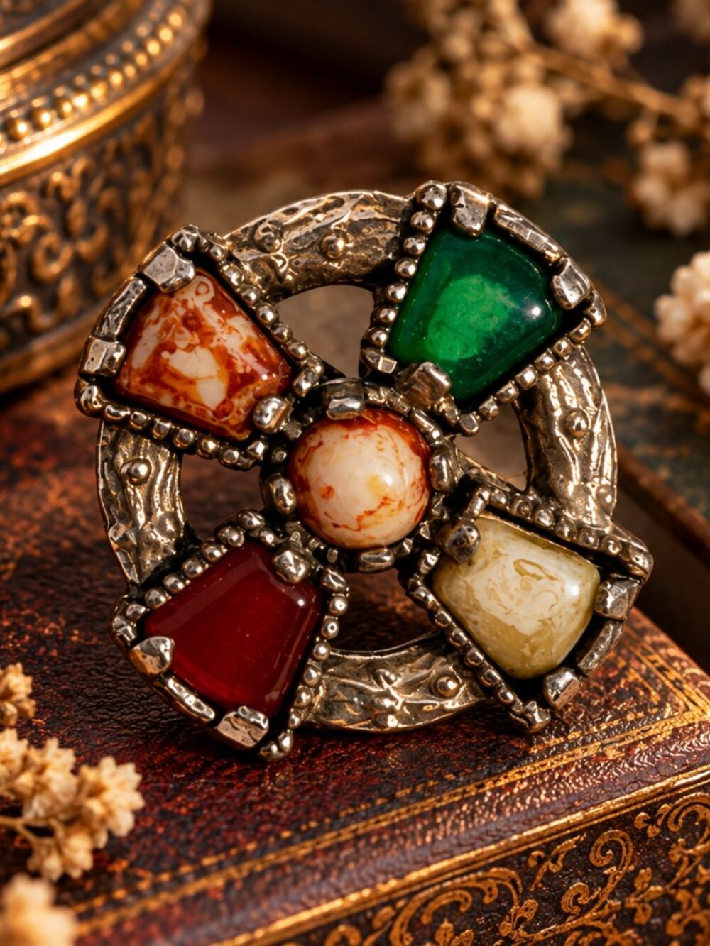 Vintage Celtic Cross Brooch Silver Tone Multi Color Faux Agate Pin